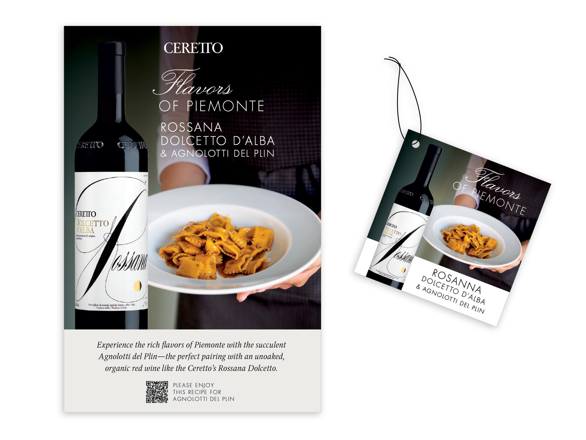 Ceretto | Rossana Dolcetto & Agnolotti del Plin Recipe Table Tent & String Tie Necker