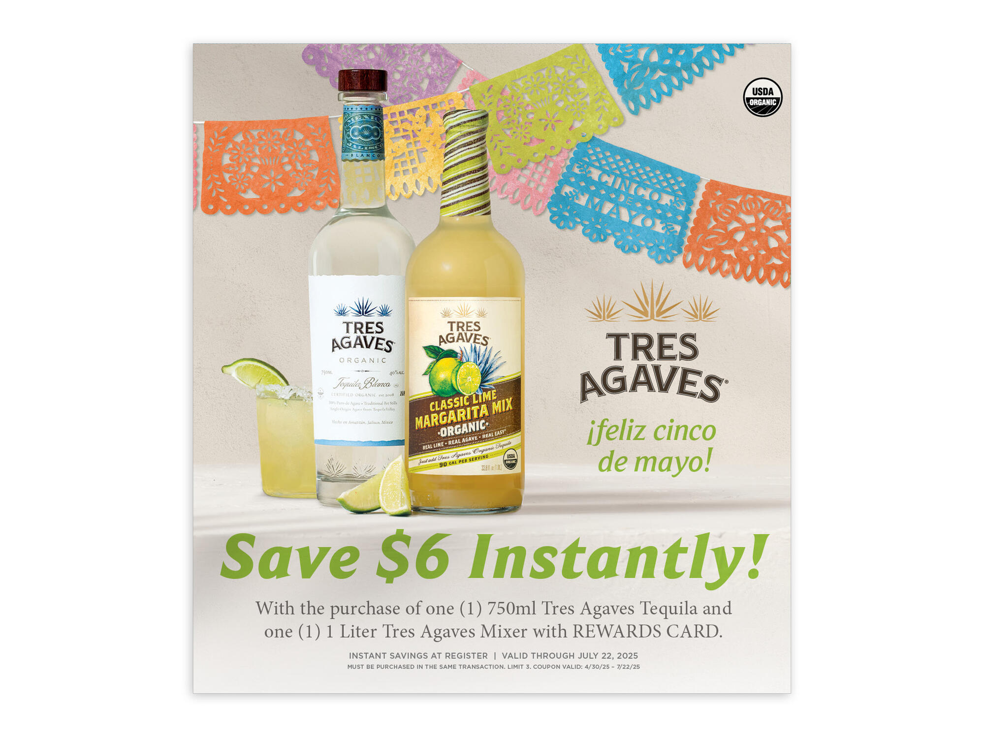 Tres Agaves | Tequila Blanco and Classic Lime Margarita Mix Cinco de Mayo In-Store Offer