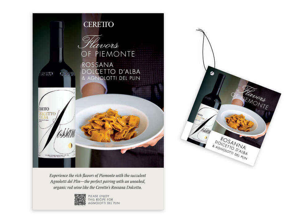 Ceretto | Rossana Dolcetto & Agnolotti del Plin Recipe Table Tent & String Tie Necker