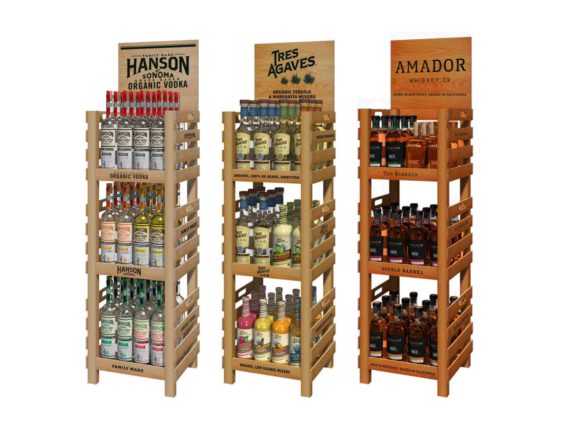 Hanson Vodka, Tres Agaves, Amador Whiskey | Wood Display Racks